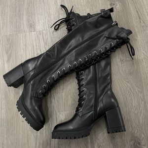Black Knee High Lace Up Heeled Boots